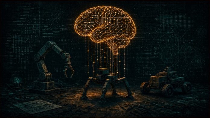 Gemini Robotics ER 2 Comes to Google Cloud | TSN Illustration of an amber circuit brain linked by light lines to a robot arm, a four-legged robot and a wheeled rover