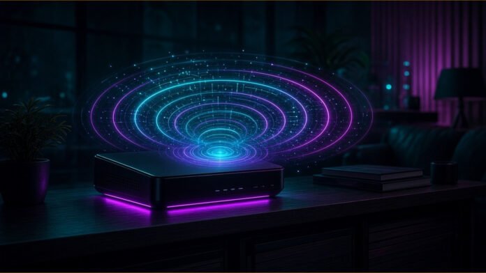 Gemtek, Qualcomm and gFiber Unveil AI Wi-Fi 8 Home Gateway Monolith-shaped home hub on a low table with concentric bands of light rippling out from it