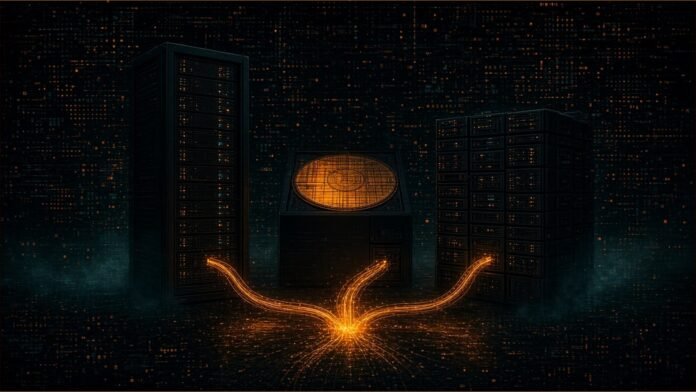 Illustration of three different server racks in a dark hall joined by glowing cables to one shared hub