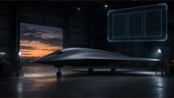 Illustration of an unmarked uncrewed jet in a hangar at dusk beneath a blank floating scorecard