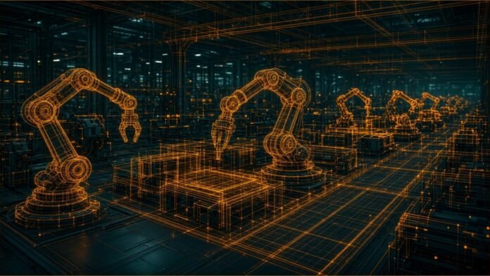 Robotic arms on a factory floor traced in an amber wireframe digital twin.