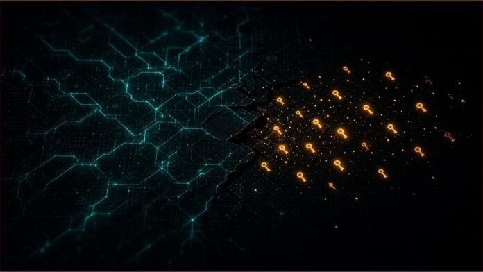 Gheist Abuses Stolen GitHub Tokens, Wiz Says | TSN Illustration of a dark teal circuit grid cracking open as small amber key shapes leak out into the dark