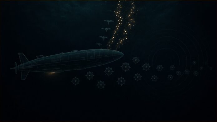 Ghost Shark Drone Subs to Carry Sea Mines and Drones | TSN Illustration of a torpedo-shaped underwater drone releasing mine shapes, with small winged drones rising towards the surface and faint sonar rings.