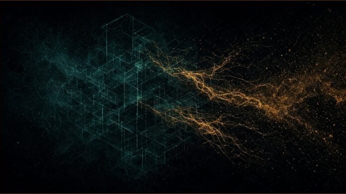Illustration of ghost student fraud concept in teal and amber: hollow teal wireframe shapes dissolving into mist, with amber threads unravelling away from them.