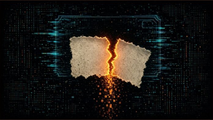 Illustration of a torn gift voucher glowing amber along the tear, with small blocks streaming out and a faint glitching card outline behind