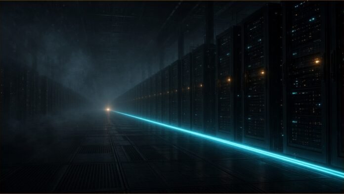 Illustration of a dim, misty server hall with rows of mostly dark racks and a cyan light line along the floor