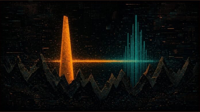 Giotto Launches Swiss Sovereign AI Models | TSN Illustration of a solid amber pillar and a cluster of thin teal rods on a dark jagged ridge, joined by a band of light.