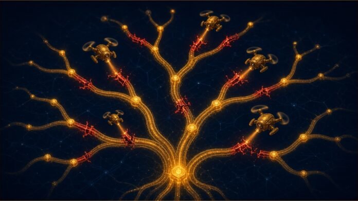 Small repair drones patching broken red links in a glowing amber tree of nodes.