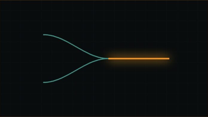 Illustration of two teal curves merging into a single glowing amber line.