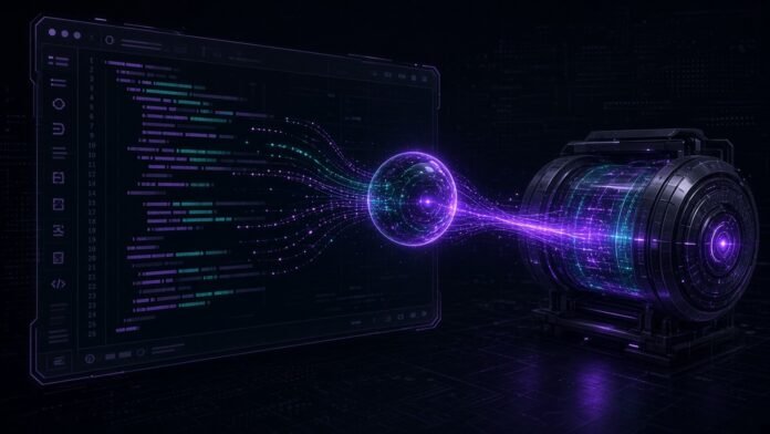 Code editor window lit by a four-pointed star-shaped AI glyph