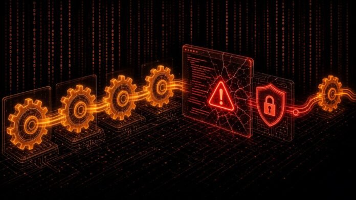 Neon CI pipeline of gears with one cracked code block and a patch shield