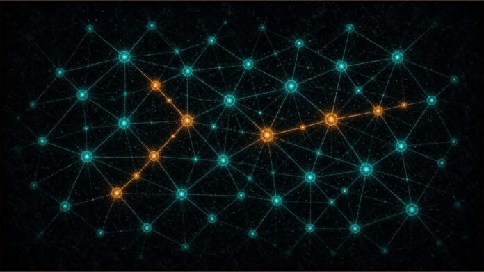 Illustration of amber paths highlighted through a dense web of teal nodes.