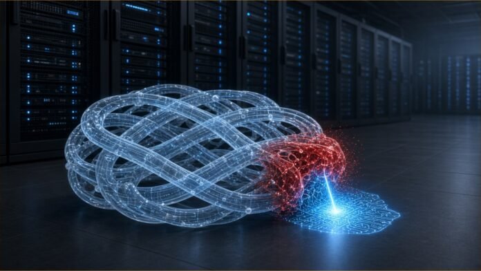 Illustration of a knotted translucent lattice of circuitry on a server-room floor, one overflowing red section being sealed by a beam of blue light