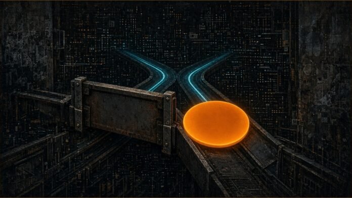 Ethereum Fixes Glamsterdam Staking Deposit Bug | TSN Illustration of a glowing amber disc sliding down a forked chute where a steel gate blocks one branch, with teal tracks behind