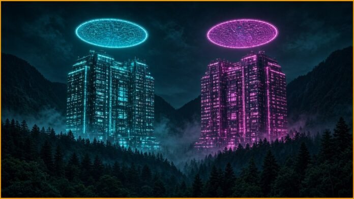 Two clean-room fab silhouettes rising beside an existing plant on a river-valley ridge, linked by glowing wafer paths