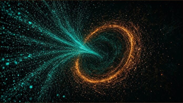Illustration of teal streams of data particles flowing into a glowing amber ring.