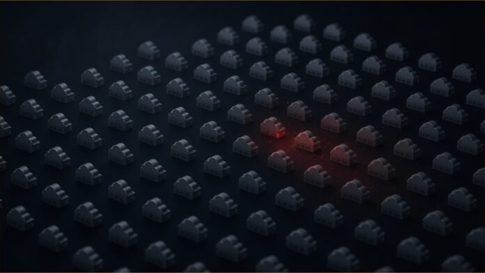 Illustration of a vast grid of dimmed cloud-shaped server units in darkness, with a faint red glow spreading through a small cluster