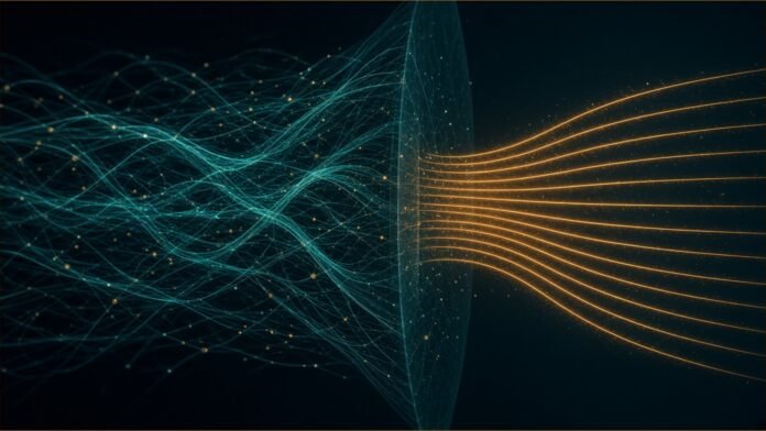 Tangled teal network threads resolving into clean parallel amber lines.