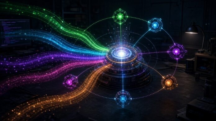 Google's Agent Development Kit Now Covers Five Languages Five coloured code streams converging on a glowing AI agent hub