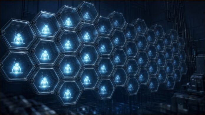 Illustration of a honeycomb of sealed glass cells, each holding a small glowing robotic agent isolated from its neighbours