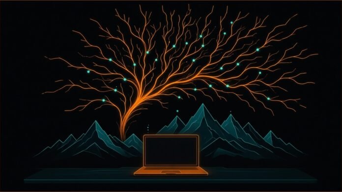 Illustration of branching amber neural lines rising above teal mountain outlines, with a laptop outline on a desk below