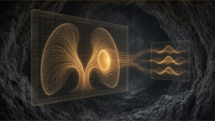 Google Partner's AI Has Read 25,000 TB X-Rays | TSN Illustration of a translucent grid panel with glowing curved arcs and one highlighted area, linked by data lines to a small screen in a dim tunnel