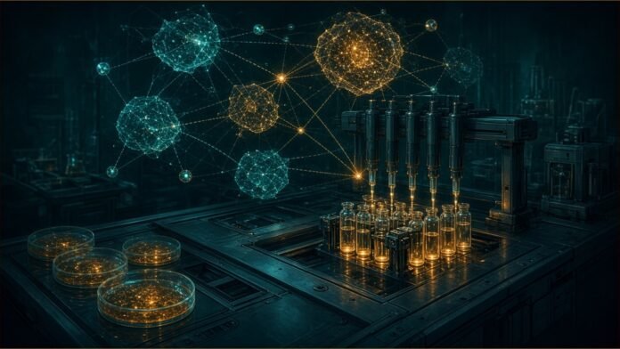An automated lab bench with glowing vials and pipette arms, guided by floating network nodes.