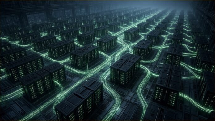 Illustration of a vast data centre hall seen from above, with rows of GPU rack cabinets linked by glowing green trails of light