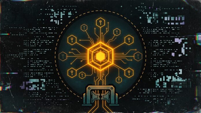 A glowing amber hexagonal core on a dark grid links by circuit lines to smaller hexagons, each holding a key, inside a dashed ring with a single gate where the lines leave.