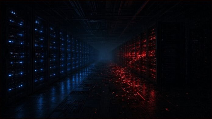 Illustration of a server hall where one section of racks flickers red beside steady blue racks.