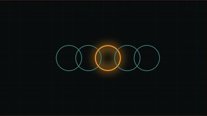 Illustration of a chain of overlapping teal rings with one glowing amber ring.