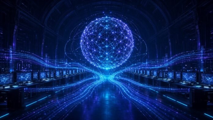 DeepMind Opens Frontier Models to 200 European Scientists Ring of glowing lab motifs, a protein fold, weather swirl and DNA helix, around a central compute core