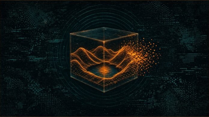 Illustration of an amber wireframe landscape inside a dark cube, crumbling at one edge, with sound-wave rings rippling outward