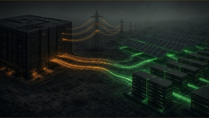 Illustration of a data centre linked by glowing power lines to solar panels and battery stacks.