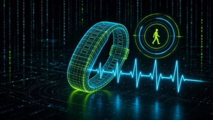 Wireframe fitness band glowing beside a neon heartbeat line
