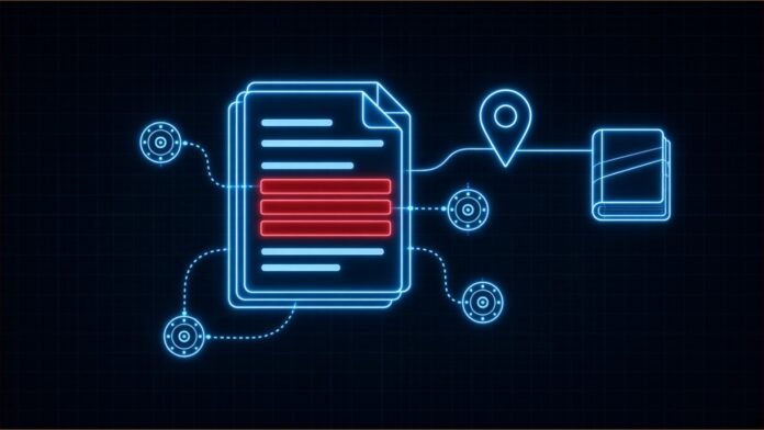 Google Previews Gemini for Government Services | TSN Illustration of glowing document pages with redaction bars, sorted by agent nodes and pinned to a rulebook.