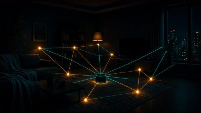 A home hub node linked by local LAN arcs to light bulbs, with a cloud icon greyed out