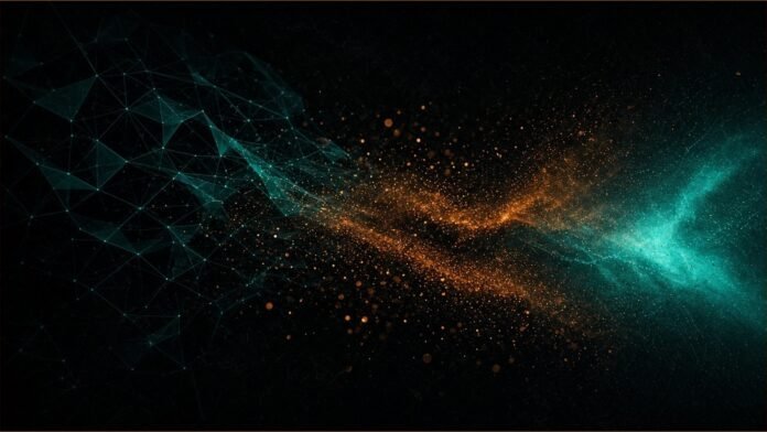 Illustration of Jules shutdown concept in teal and amber: a fading teal lattice releasing streams of amber particles toward a bright teal glow.