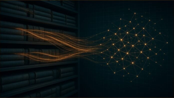 Glowing threads flowing from books on dark shelves into an abstract neural network.