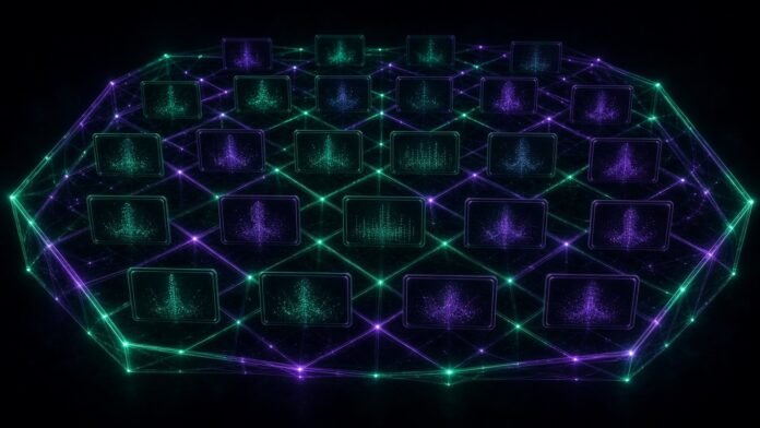 Video-call frame wrapped in a glowing lattice shield with a qubit sphere outside
