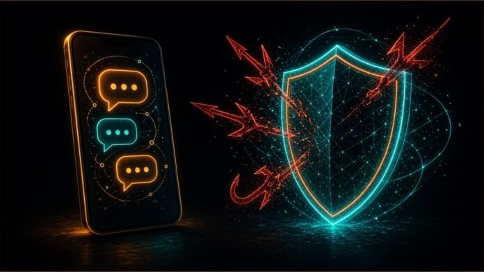 Cypherpunk symbol-only scene: a glowing chat bubble wrapped in a hexagonal shield lattice, a severed phone-handset arrow being deflected, scattered fishhook glyphs dissolving into green code rain on a dark field