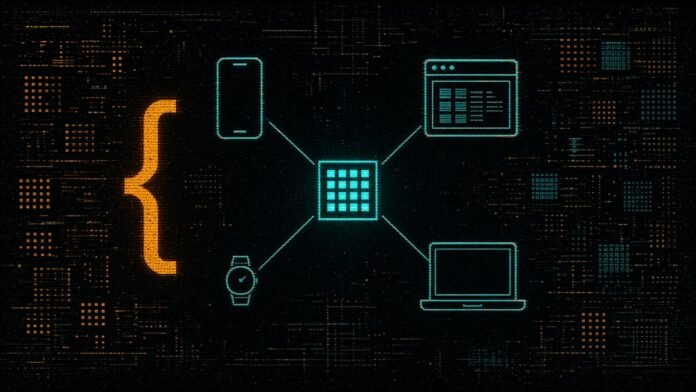 Google Open-Sources ML Drift, LiteRT's GPU Engine (Apache 2.0) Symbol-only illustration of a glowing chip die made of a grid of identical cells, connected by thin lines to a phone, a browser window, a laptop and a watch, beside an orange curly bracket, on a dark circuit grid.