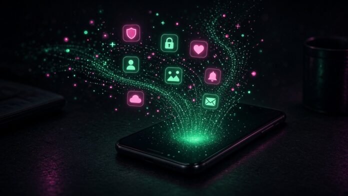Phone screen with a private app tile assembling from glowing code fragments