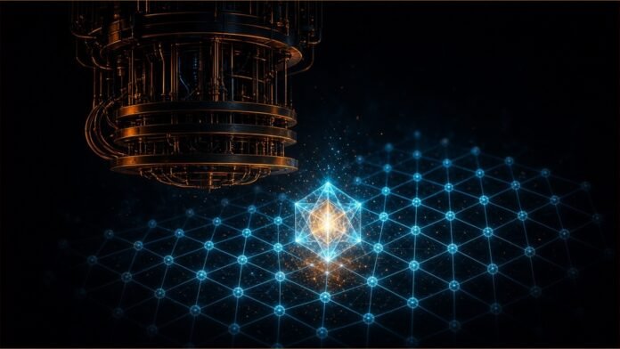 Google Shows Magic State Cultivation on Willow Chip A lattice of glowing qubit nodes on a dark chip, one central node blooming into a pure bright crystal while flawed faint copies dissolve around it like a filter; cold blue and violet with a single gold glow