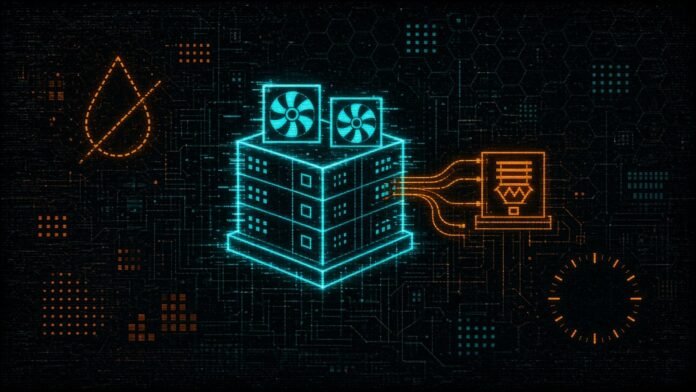 Symbol-only illustration of a data-centre block with two fans on its roof wired to a power substation, with a struck-through dashed water droplet on the left and an empty dashed gauge dial at the lower right.