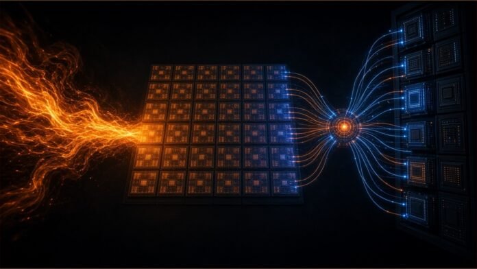 Illustration of an orange flame-like stream flowing into a grid of chip tiles and a router node fanning out to a rack.