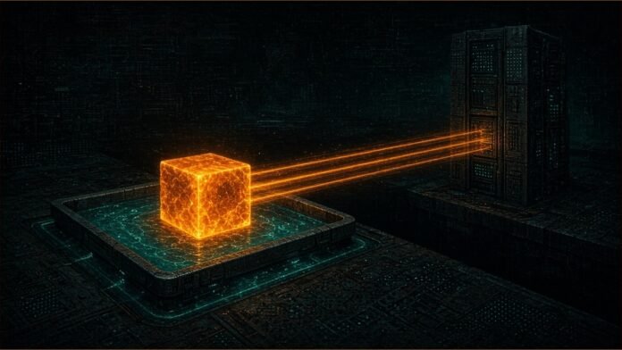 Illustration of a glowing block in a cooled tray linked by beams of light to a server rack across a dark gap