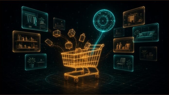 google-universal-cart-us-launch Illustration: single cart drawing items from many storefront glyphs into a UCP checkout bridge; Google-blue and chrome.