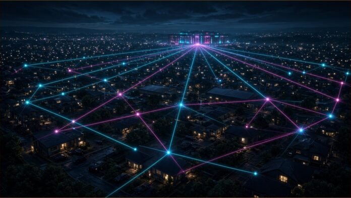 Illustration of a suburb at night with glowing rooftop nodes linked by neon lines converging on a distant data centre