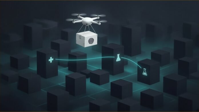 Illustration of a small drone carrying a sample box over an abstract city grid between hospital and lab symbols